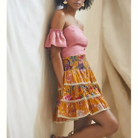 Anthropologie Let Me Be Mixed Print Mini Skirt Smocked Waist Size S NWT - Picture 2 of 10